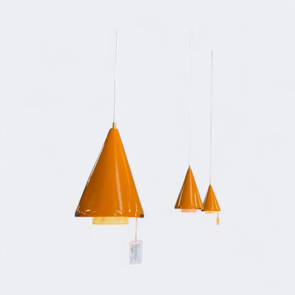 FABULOUS Pair of Gerald Thurston Pendant Lamp - Powder Coated in Orange with White Perforated Cylinder Floating in the Interior