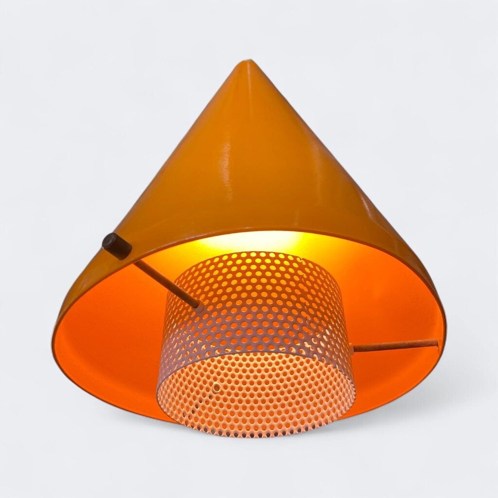 FABULOUS Pair of Gerald Thurston Pendant Lamp - Powder Coated in Orange with White Perforated Cylinder Floating in the Interior
