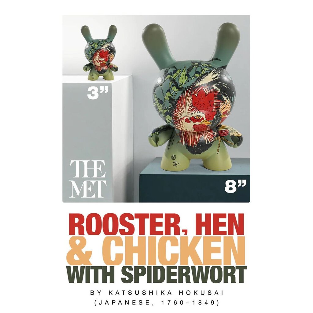 THE MET 3-INCH SHOWPIECE DUNNY - KATSUSHIKA HOKUSAI - ROOSTER, HEN AND CHICKEN WITH SPIDERWORT