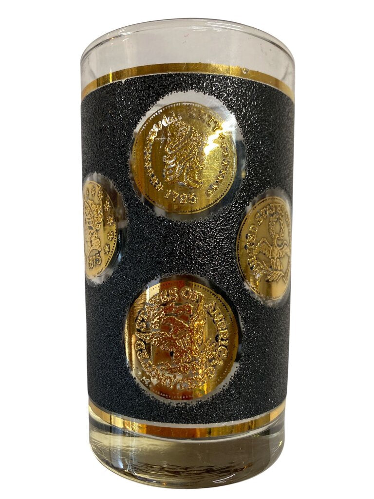 Vintage Libbey 22K Gold and Textured Black Coins of the World Highball Glasses (Set of 4)
