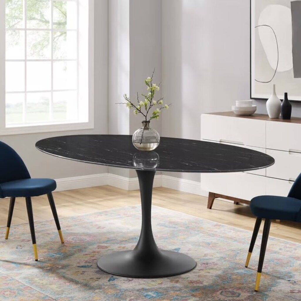 Tulip Dining Table 78" Oval Black Artificial Marble w/ Black Base 78" L x 27.5" W x 28.5" H
