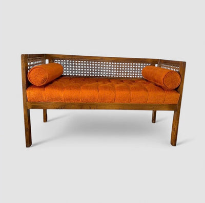 Mid Century Modern Cane Back Settee with Orange Cushion