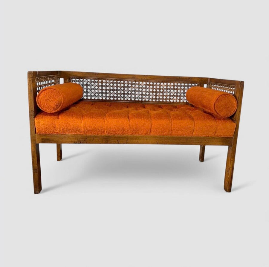 Mid Century Modern Cane Back Settee with Orange Cushion