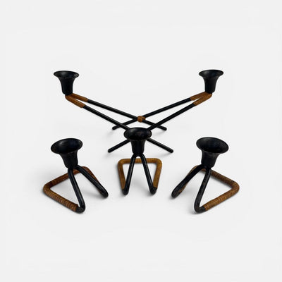 Danish Modern Raffia and Metal 4 Piece Candle Set
