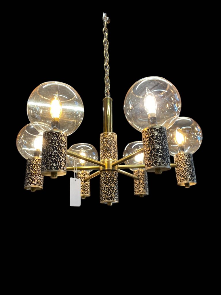 6 Arm Gothic Brutalist Brass & Smoked Glass Chandelier with Flower Relief Detail