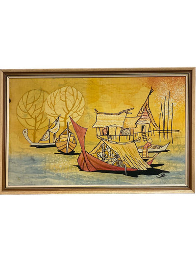 Indonesian Batik Painting Diptych, c. 1970s signed Talib (Set of 2)