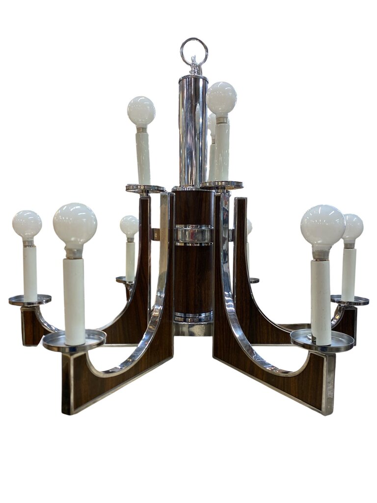 1960's MCM Chrome and Wood Grain 6-Arm Chandelier by Lightolier