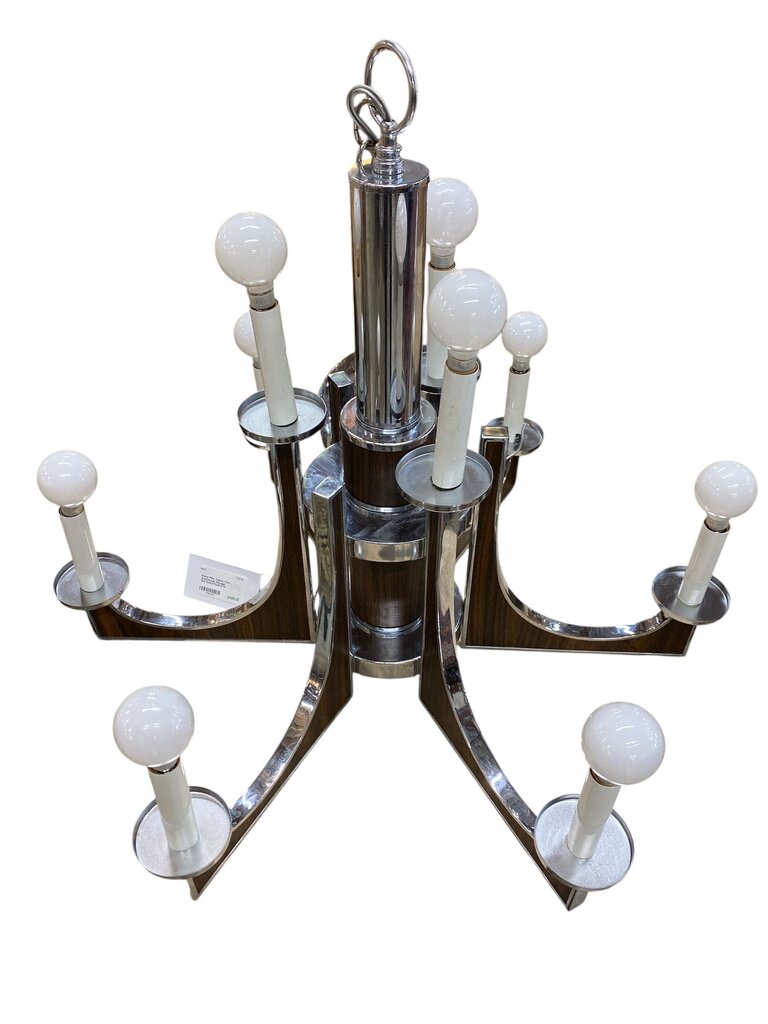 1960's MCM Chrome and Wood Grain 6-Arm Chandelier by Lightolier