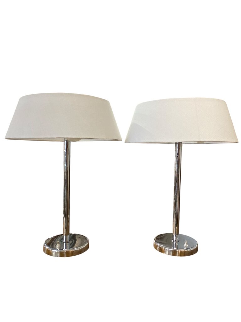 Walter Von Nessen Mid Century Pair of Bauhaus Chrome Table Lamps with Fully Restored Shades in White Linen (Set of 2)