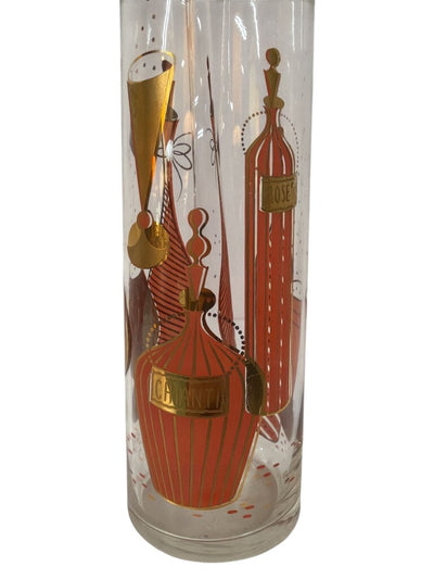 Vintage 1950's 24K Gold Gay Fad Bordeaux Pattern Cocktail Pitcher, Stir Stick and 5 Tumblers (Set of 7)