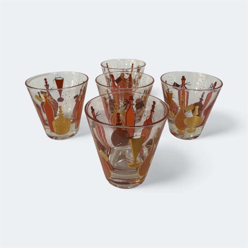 Vintage 1950's 24K Gold Gay Fad Bordeaux Pattern Cocktail Pitcher, Stir Stick and 5 Tumblers (Set of 7)