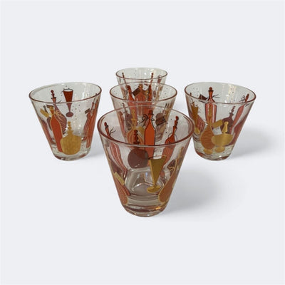 Vintage 1950's 24K Gold Gay Fad Bordeaux Pattern Cocktail Pitcher, Stir Stick and 5 Tumblers (Set of 7)