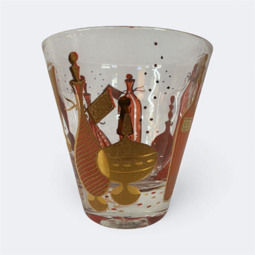 Vintage 1950's 24K Gold Gay Fad Bordeaux Pattern Cocktail Pitcher, Stir Stick and 5 Tumblers (Set of 7)