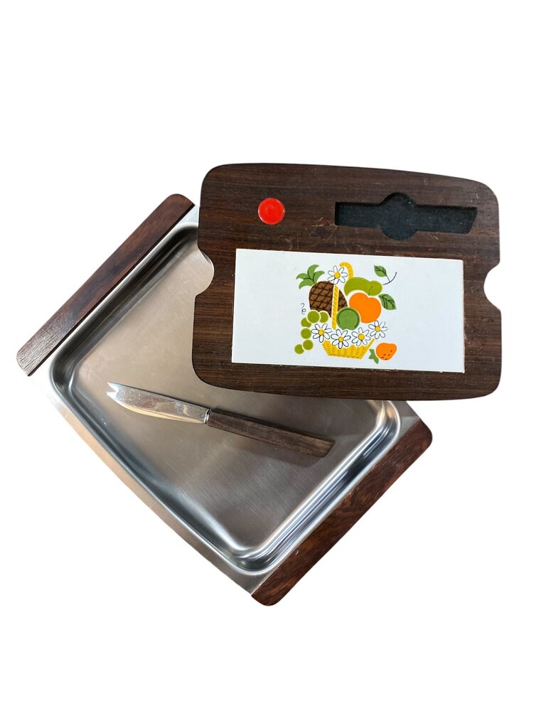 Danish Modern Mid Century Rosewood Tray and Cutting Board/Knife Set with Tile Insert