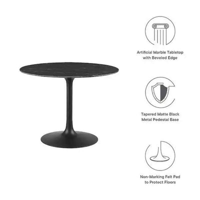 TULIP DINING TABLE 40" ROUND - Faux Marble in Black with Black Base