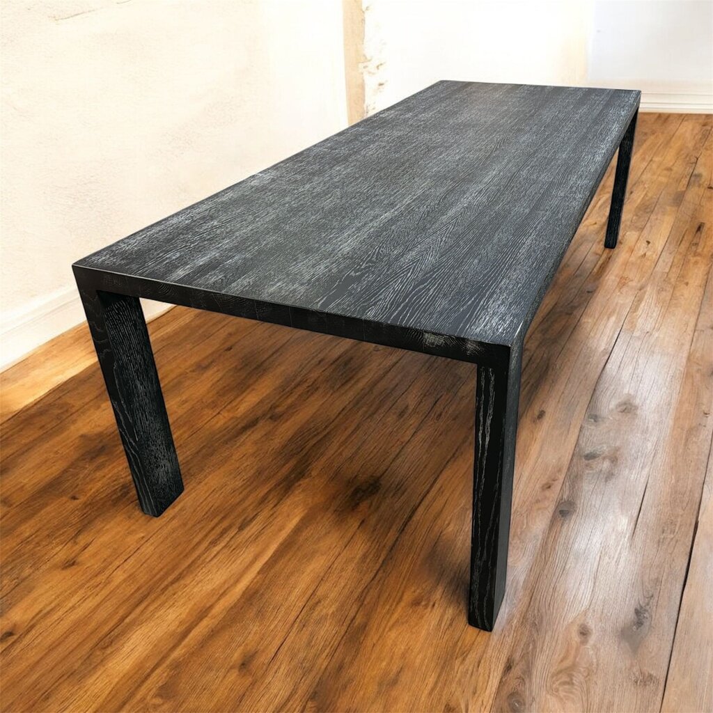 European Custom-built black Oak Table, brushed, flat sealed, legs with metal core for stability