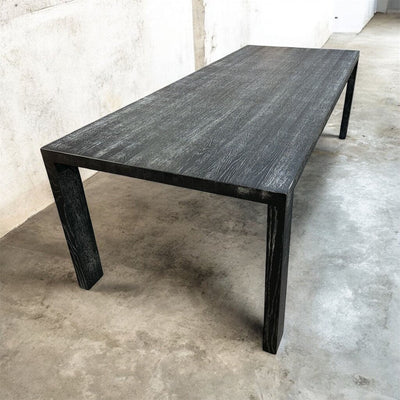 European Custom-built black Oak Table, brushed, flat sealed, legs with metal core for stability