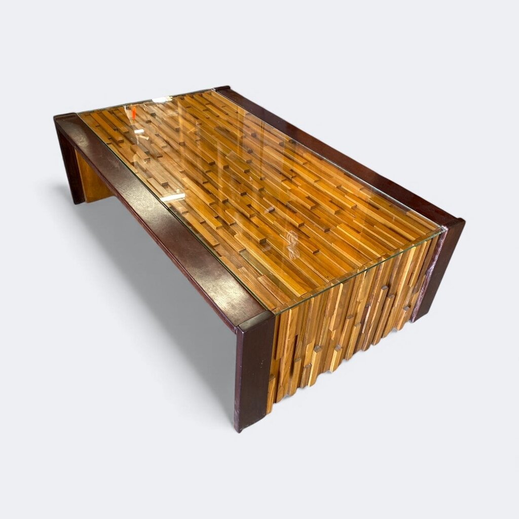 Percival Lafer MCM Brazilian 1960's Glass-Top Coffee Table in a Mosaic of Exotic Woods