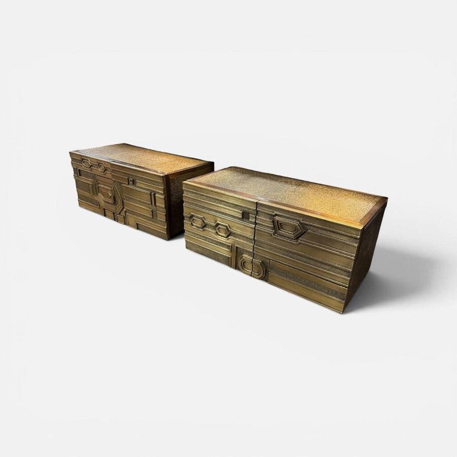 Global Views Pair of Brutalist Brass Clad Floating End Tables or Credenza (Set of 2)