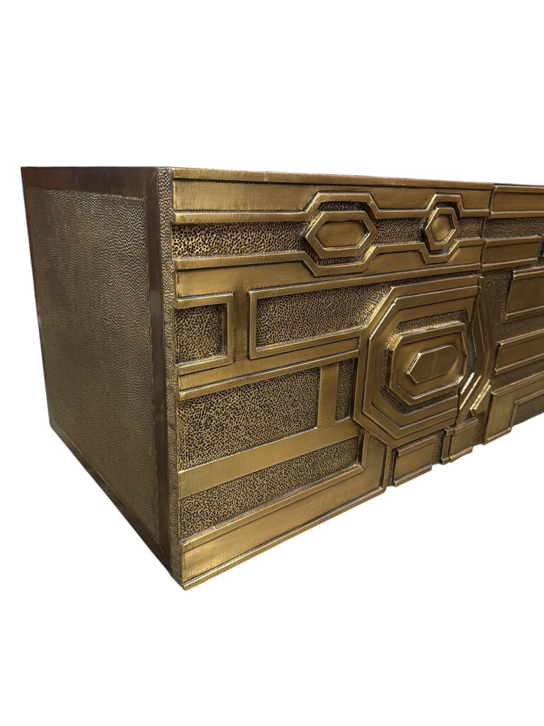 Global Views Pair of Brutalist Brass Clad Floating End Tables or Credenza (Set of 2)