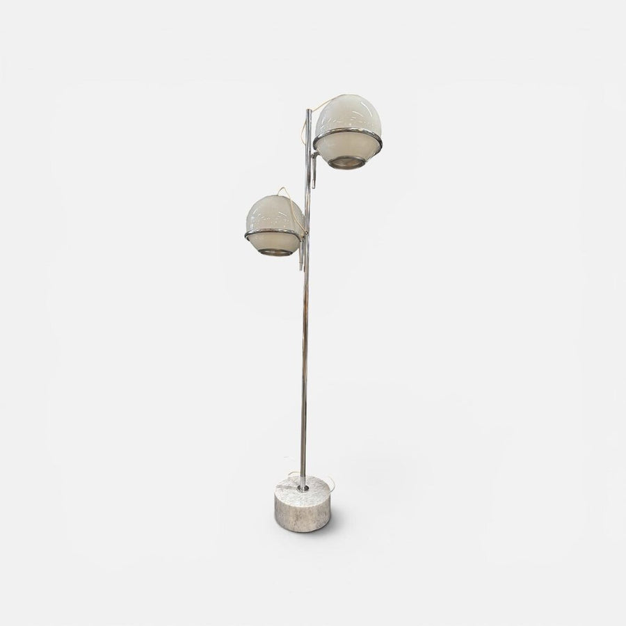 Vintage Mid Century Reggiani Italian Modern Double White Glass Orb Chrome Floor Lamp with Marble Base