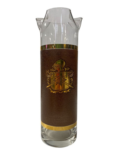 MCM Coat of Arms Gold and Brown Decanter and Glass Set