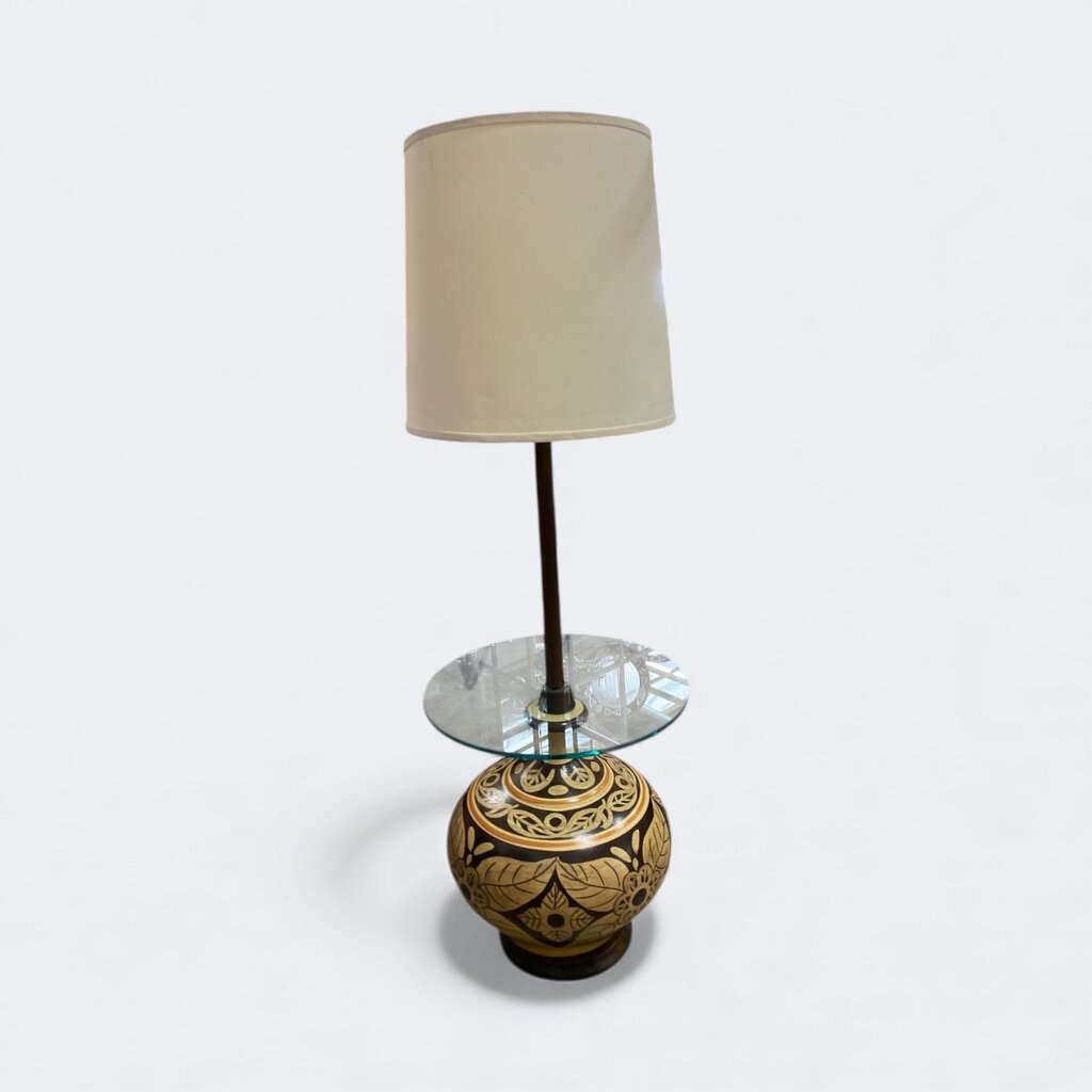 Mid Century Modern Beige, Brown and Gold Ceramic Floor Lamp with Glass Shelf