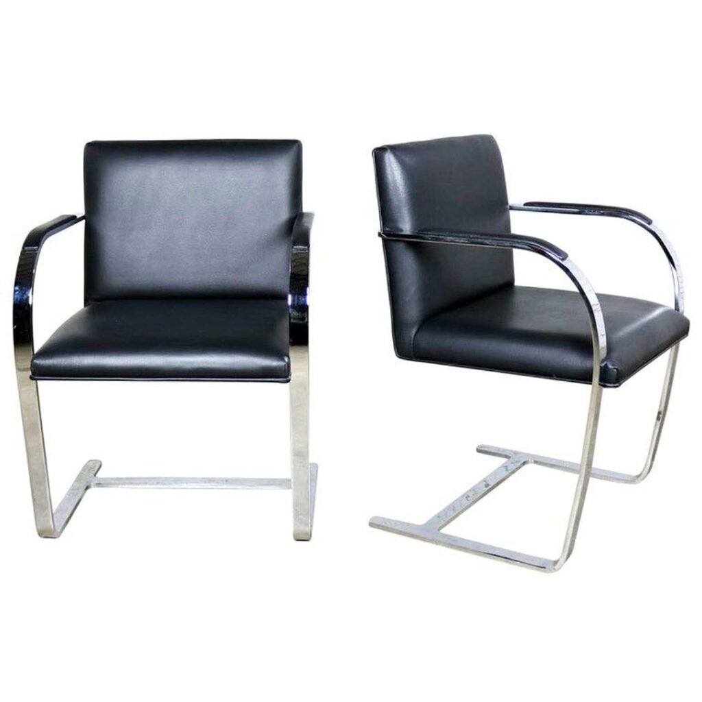Pair of Flat Bar Chrome and Black Leather Chairs (Set of 2)
