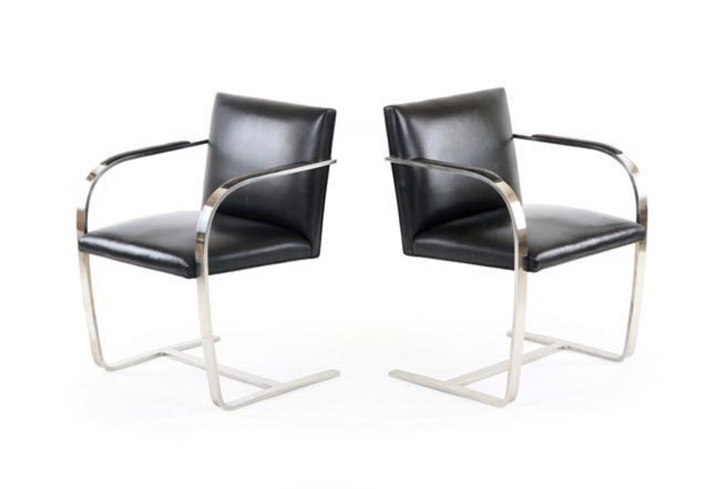Pair of Flat Bar Chrome and Black Leather Chairs (Set of 2)