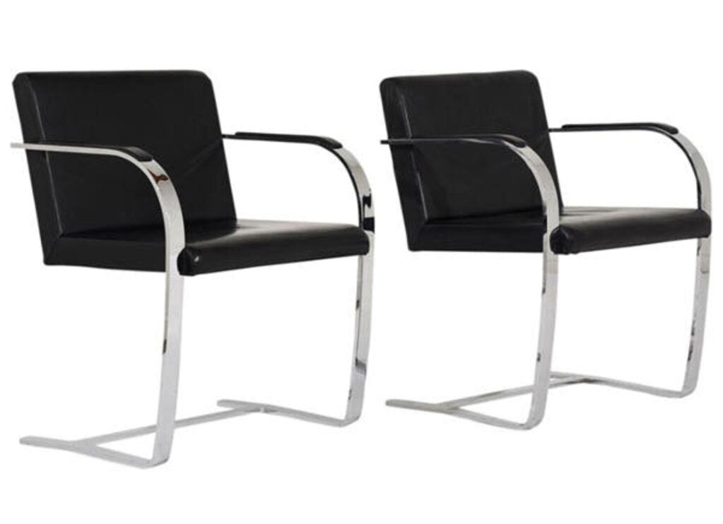 Pair of Flat Bar Chrome and Black Leather Chairs (Set of 2)