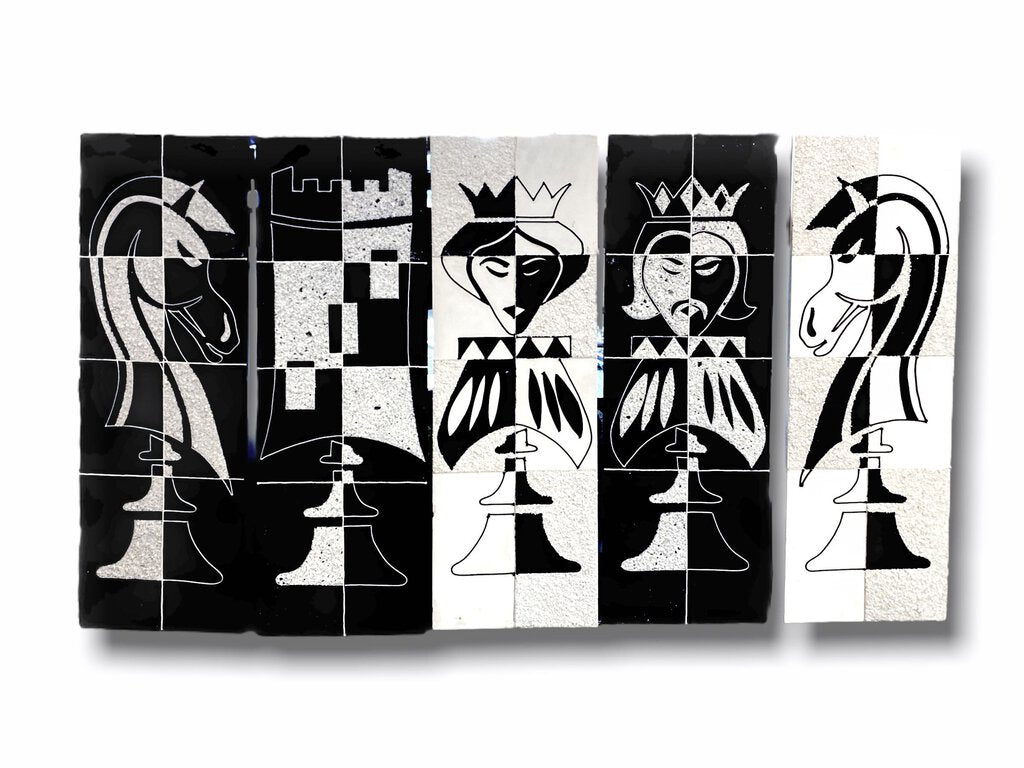 Vintage 1950's Black & White Chess Pieces Gravel Relief Panels (Set of 5)