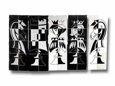Vintage 1950's Black & White Chess Pieces Gravel Relief Panels (Set of 5)