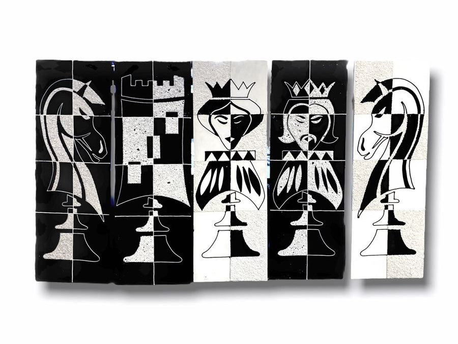 Vintage 1950's Black & White Chess Pieces Gravel Relief Panels (Set of 5)