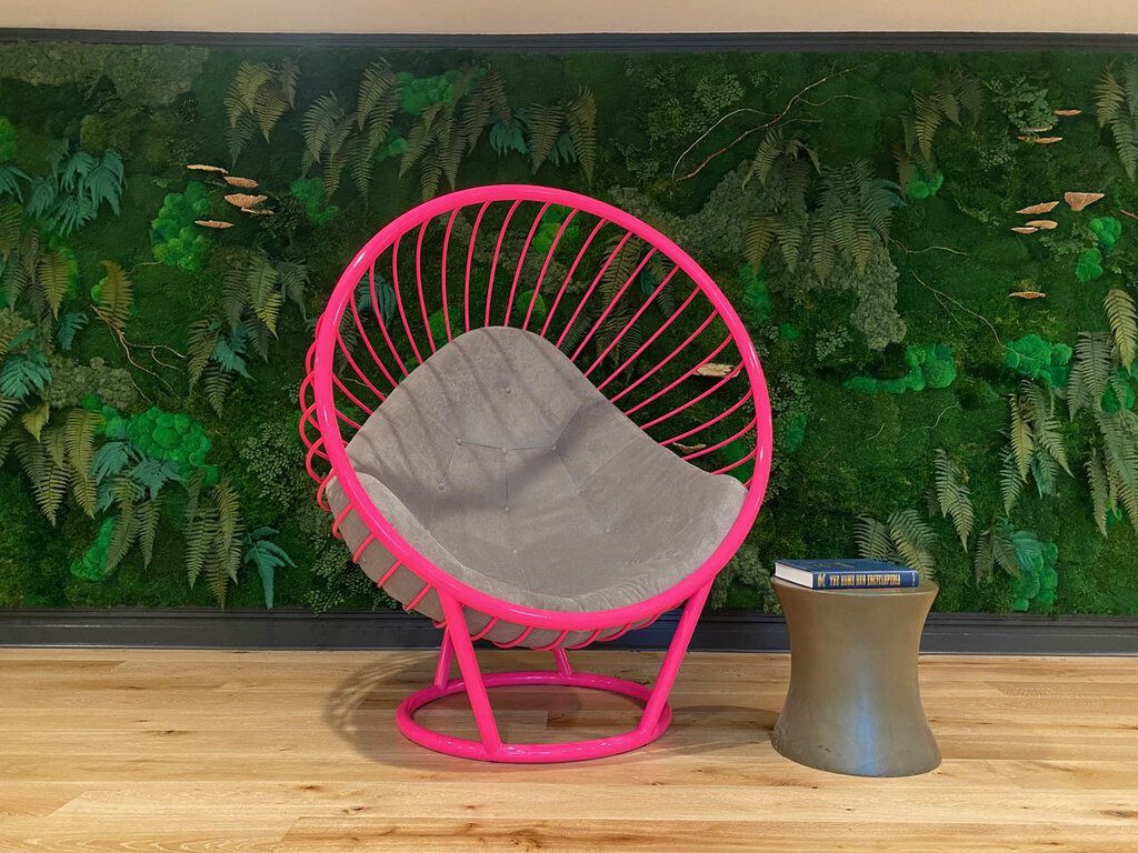 Bubble Ball Chair indoor/Outdoor Pink, or Gray frame with dark grey cushion by Ben Rousseau