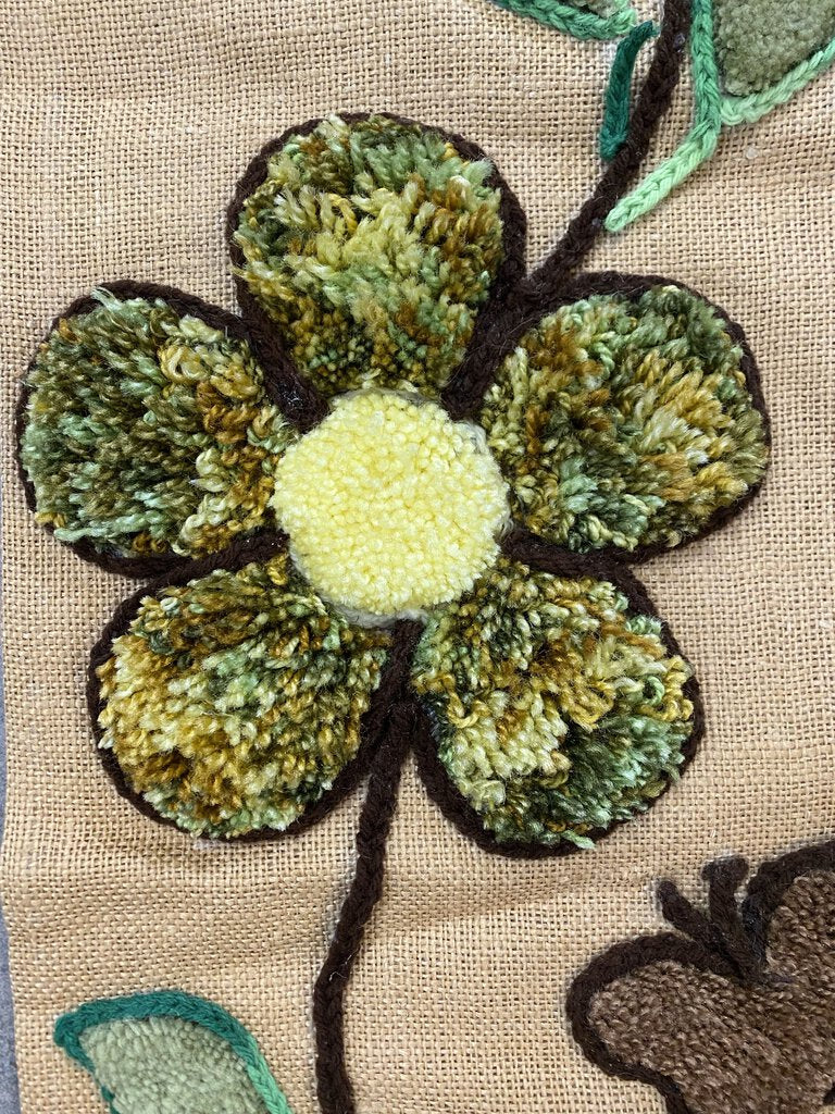 Retro burlap wall hanging art, loopy yarn flower embroidered fabric banners, modern rustic vintage