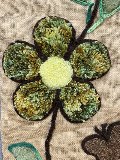 Retro burlap wall hanging art, loopy yarn flower embroidered fabric banners, modern rustic vintage