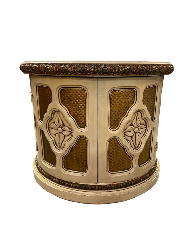 Hollywood Regency Pair of Round Marble Top White & Gold End Cabinets (Set of 2)