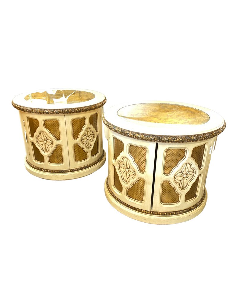 Hollywood Regency Pair of Round Marble Top White & Gold End Cabinets (Set of 2)