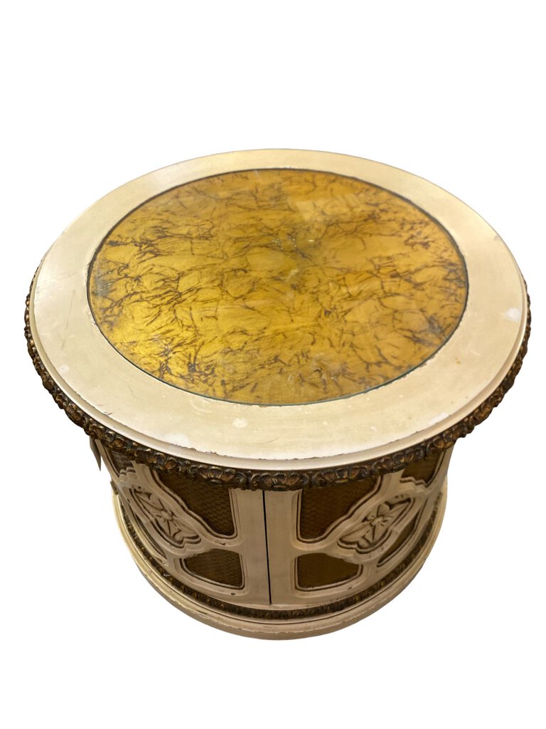 Hollywood Regency Pair of Round Marble Top White & Gold End Cabinets (Set of 2)