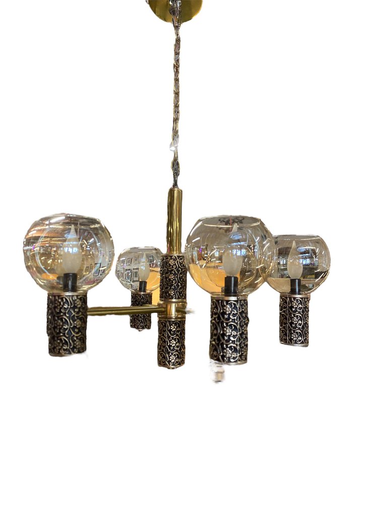 6 Arm Gothic Brutalist Brass & Smoked Glass Chandelier with Flower Relief Detail