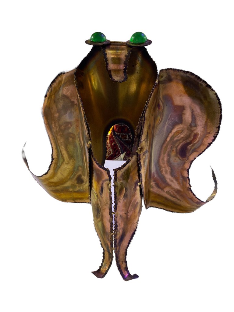 Torched Metal Brutalist Owl Sculpture With Green Glass Eyes