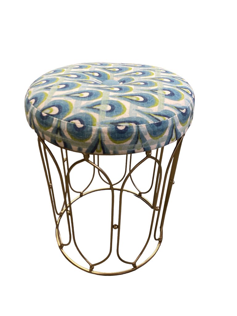 Vintage Vanity Stool Gold Metal & Peacock Print Cushion - LLC