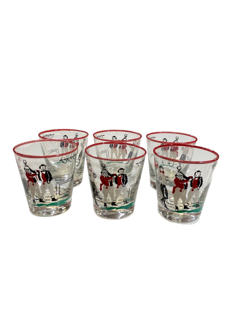 Vintage Pickwick Paper Dickens Bartender Set of 6 Small Drink Glasses By Libbey