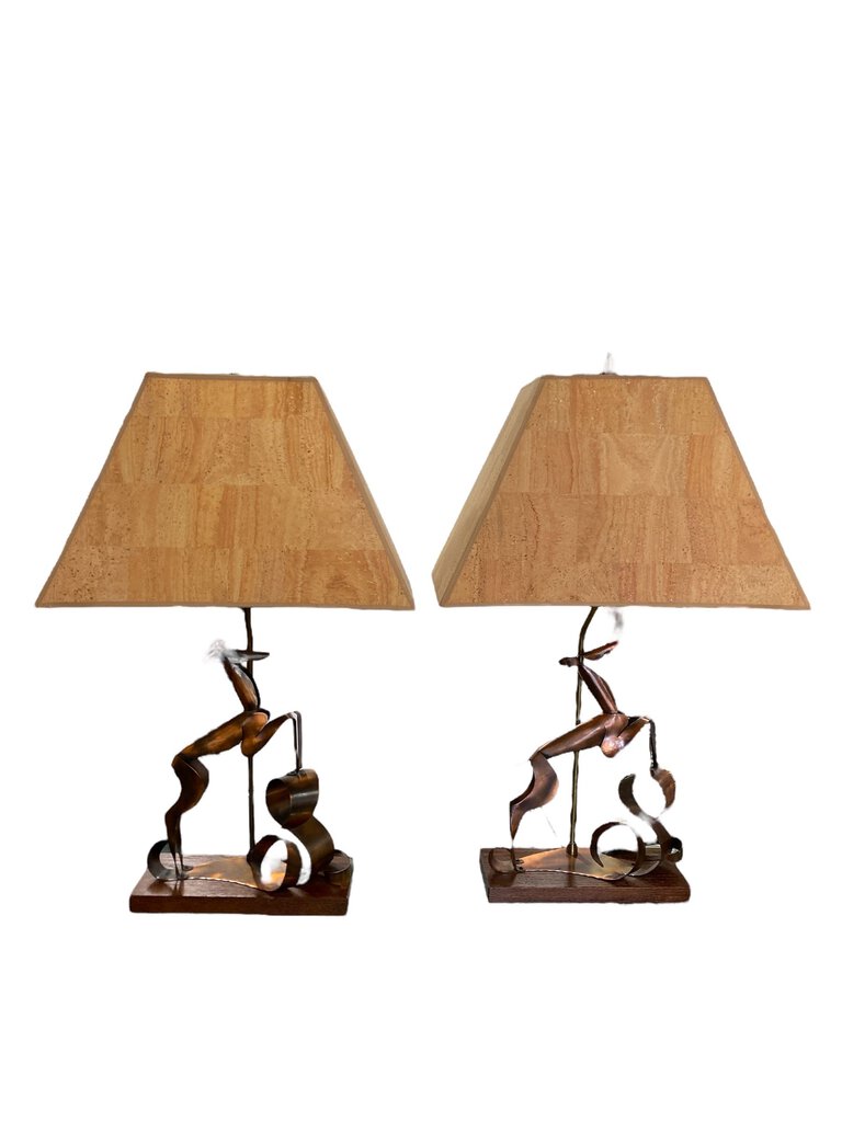 Monumental Pair of Yasha Heifetz Mid Century "Deer and Doe" Sculptural Copper Lamps (Set of 2)