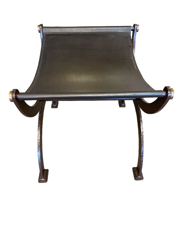 Hollywood Regency Leather and Iron/Brass Ottoman or Bench