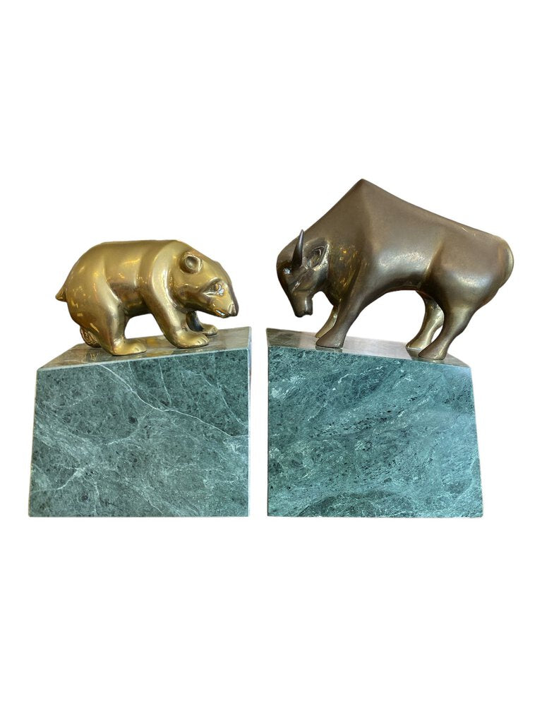 Vintage American Art Deco Brass Bull & Bear Bookends, 1950"s