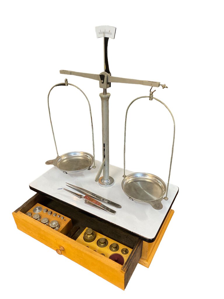 Vintage Pharmacy Balance Scale w/ Ohaus Brass Scale Weights for Calibration