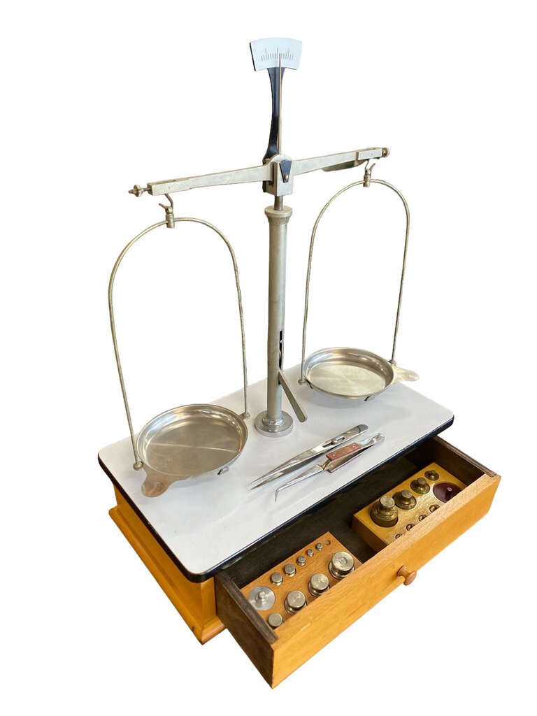 Vintage Pharmacy Balance Scale w/ Ohaus Brass Scale Weights for Calibration
