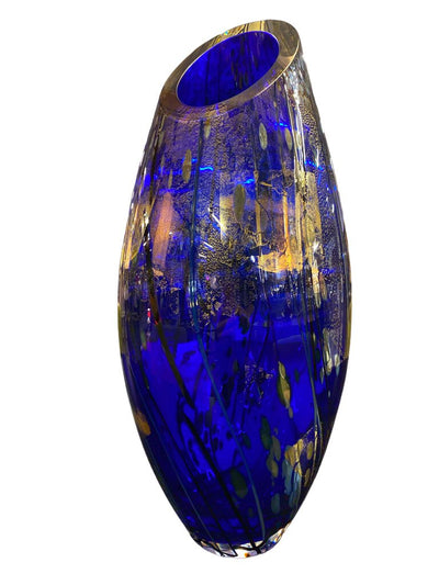 Laza Art Glass Cobalt Large Slash Cut Vase - Numbered - Tim Lazar 2002