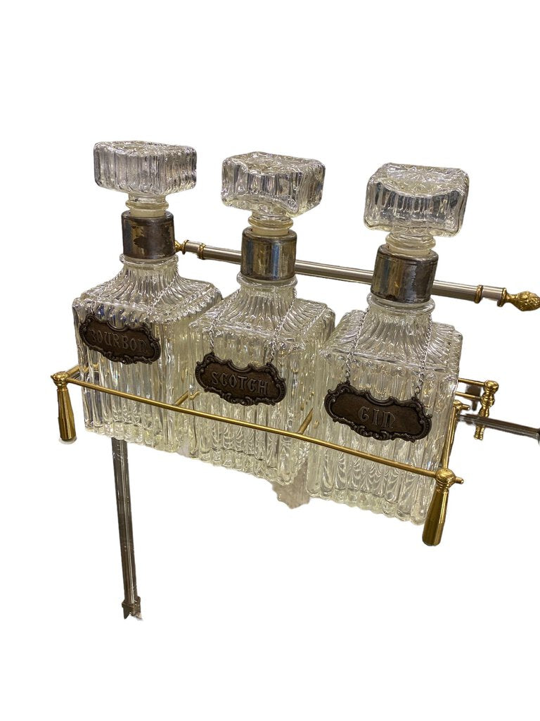 Italian Maison Jansen Steel and Brass Bar Cart - Original Decanters and Glass